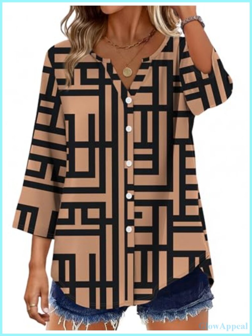 Women's Button Down Shirt 3/4 Sleeve V Neck Loose Fit Business Casual Blouse
